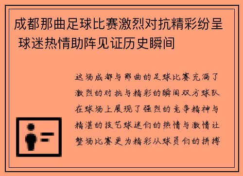 成都那曲足球比赛激烈对抗精彩纷呈 球迷热情助阵见证历史瞬间
