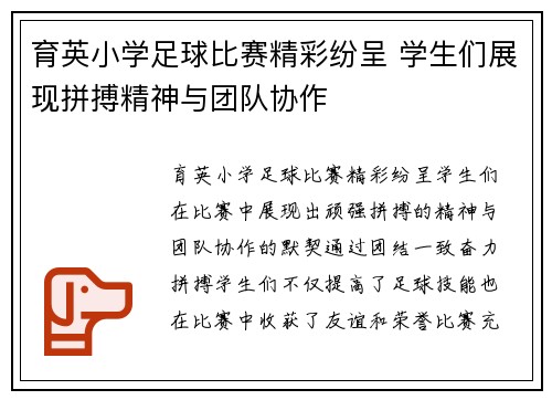 育英小学足球比赛精彩纷呈 学生们展现拼搏精神与团队协作