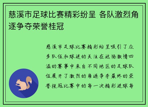 慈溪市足球比赛精彩纷呈 各队激烈角逐争夺荣誉桂冠