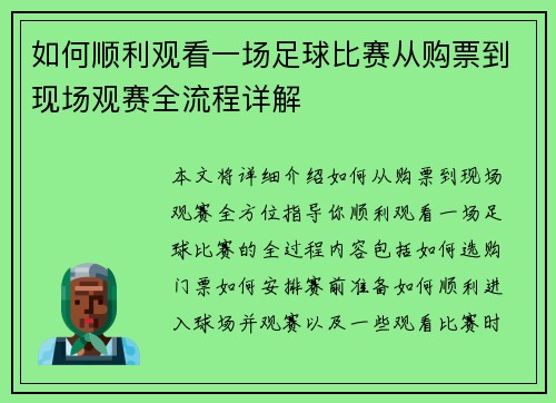 如何顺利观看一场足球比赛从购票到现场观赛全流程详解