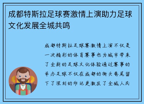 成都特斯拉足球赛激情上演助力足球文化发展全城共鸣