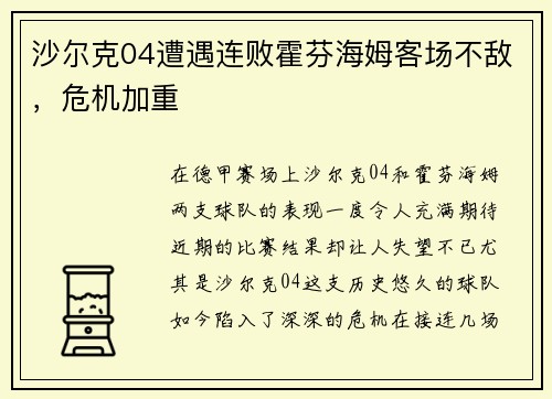 沙尔克04遭遇连败霍芬海姆客场不敌，危机加重