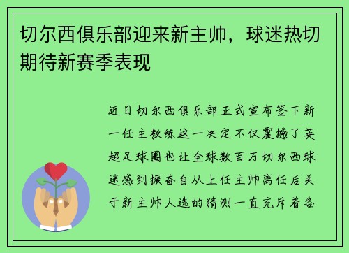 切尔西俱乐部迎来新主帅，球迷热切期待新赛季表现