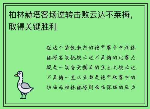 柏林赫塔客场逆转击败云达不莱梅，取得关键胜利