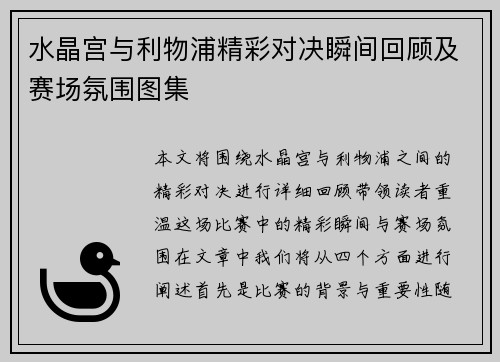 水晶宫与利物浦精彩对决瞬间回顾及赛场氛围图集