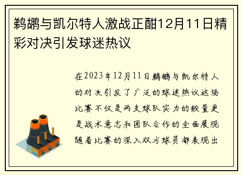 鹈鹕与凯尔特人激战正酣12月11日精彩对决引发球迷热议