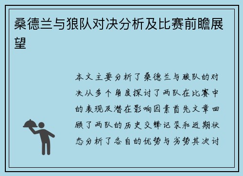 桑德兰与狼队对决分析及比赛前瞻展望
