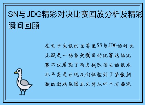 SN与JDG精彩对决比赛回放分析及精彩瞬间回顾
