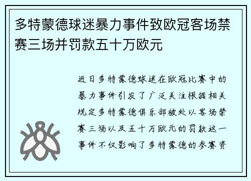 多特蒙德球迷暴力事件致欧冠客场禁赛三场并罚款五十万欧元