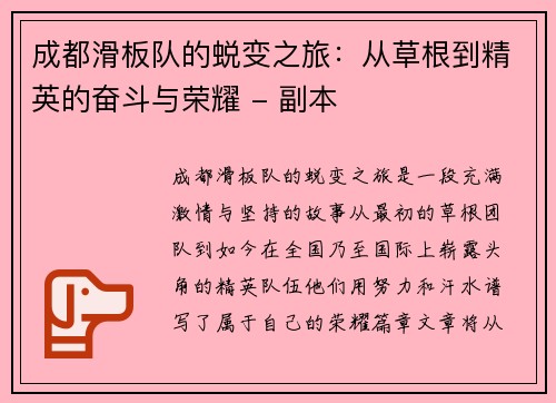 成都滑板队的蜕变之旅：从草根到精英的奋斗与荣耀 - 副本